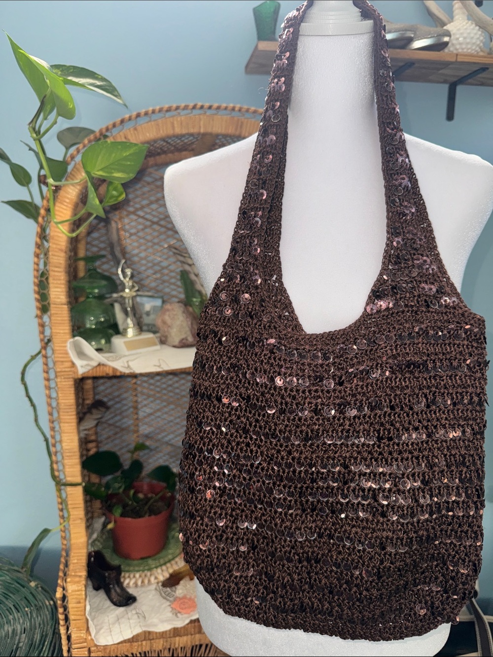 No Bo Y2K Sequin Crochet Hobo Shoulder Bag Brown Boho Sparkle Tuscan mom